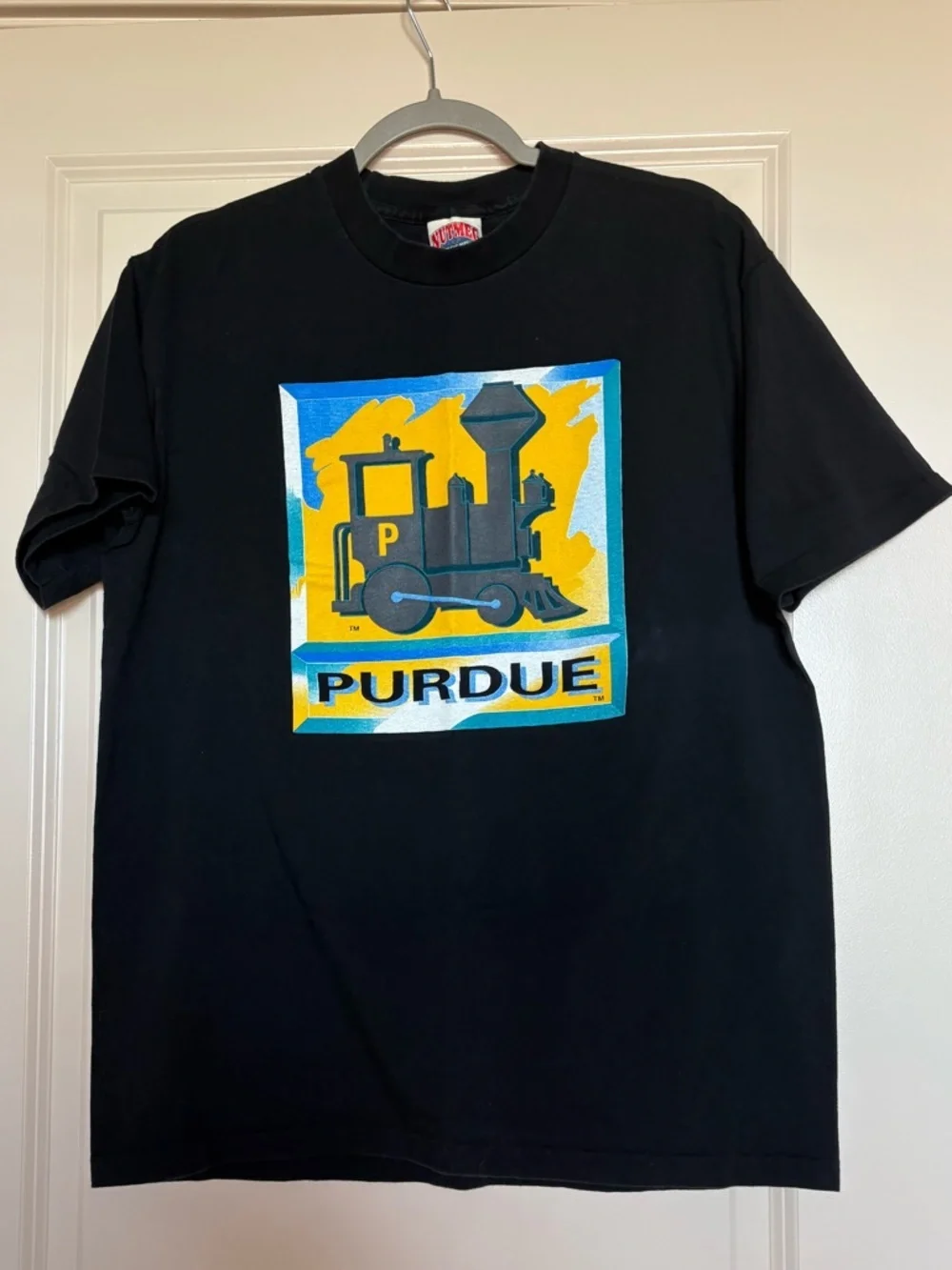 Vintage 90s Nutmeg Mills Purdue Boilermakers Colorful Train Graphic T-Shirt RARE